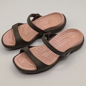Crocs Cleo II Size 4 Chocolate Brown Cotton Candy Pink Strappy Slides Sandals